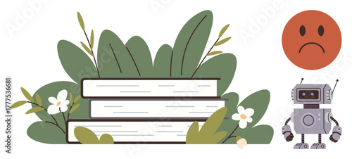 Robot standing near stacked books and lush foliage with a sad face icon. Ideal for education, artificial intelligence, emotions, technology, environment, learning, innovation. Simple flat metaphor
