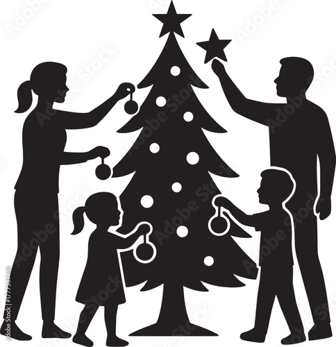 Family Decorating Christmas Tree Silhouette – Parents and Children Festive Vector | Holiday Home Design