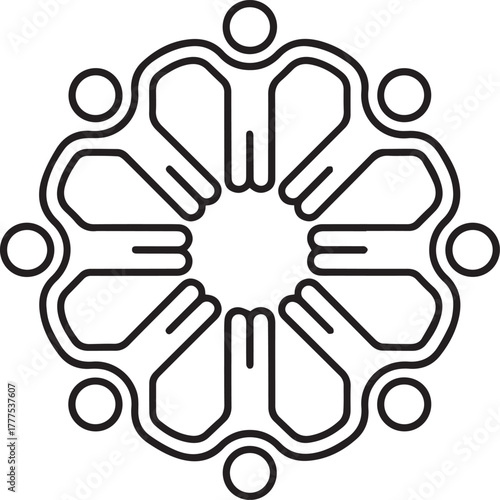 Abstract circular logo design symbolizing unity and connection with stylized figures holding hands in a collaborative group forming a harmonious communal embrace