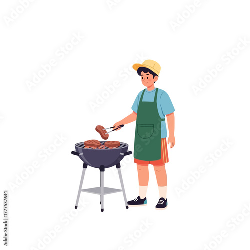 Man grilling meat on barbecue outdoors representing summer activity
