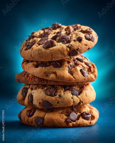 Freshly Baked Chocolate Chip Cookies on Blue Background
