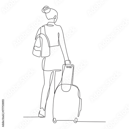 Continuous line drawing of traveler woman with luggage single line art.