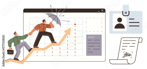 Two professionals climbing rising arrow chart, one shielding against risk arrows with umbrella. Includes ID badge, document. Ideal for teamwork, leadership, risk management, finance, progress
