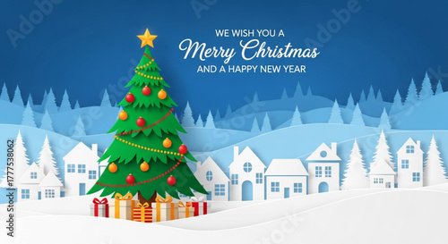 winter landscape with christmas tree. christmas card with christmas tree and gifts. Paper cut style christmas and New year greetings card. Christmas and New year wishing poster.