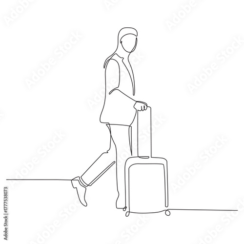 Continuous line drawing of traveler woman with luggage single line art.
