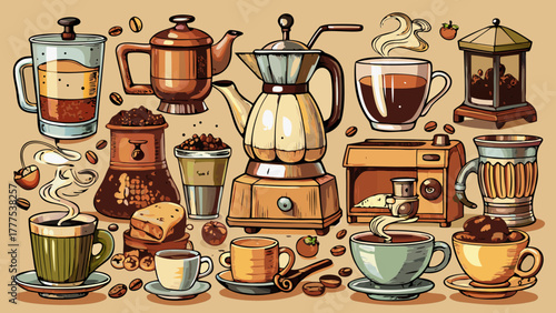 Very beautiful collection of hand-drawn coffee cups and makers with steam, showcasing various brewing styles and elegant sketch details in vintage cafe illustration style.