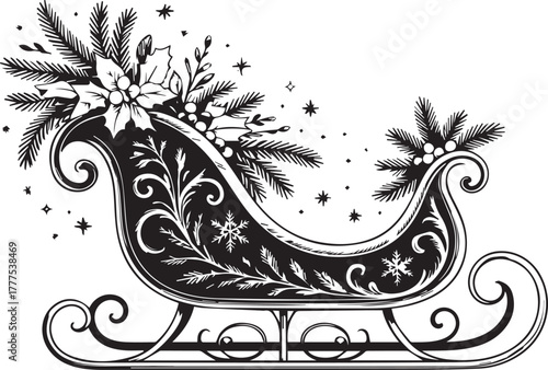 Elegant vintage christmas sleigh filled with festive pine branches poinsettias and holly decorated with ornate swirling patterns and falling snow