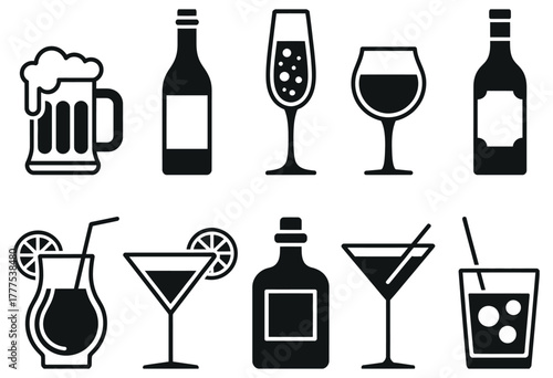 Alcohol Drink Set with Wine, Beer, and Cocktail Glass Illustrations