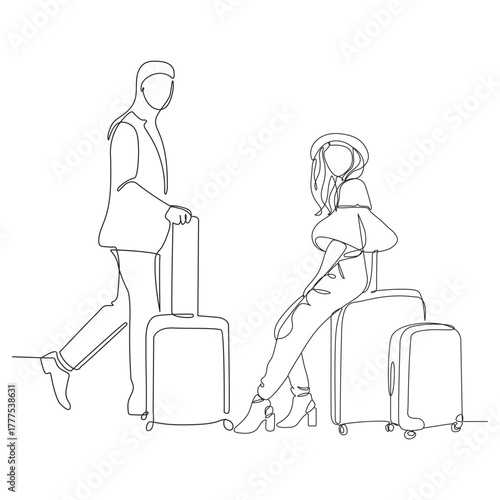 Continuous line drawing of traveler woman with luggage single line art.