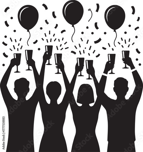 Celebration silhouette of diverse group of people toasting with champagne glasses and balloons amidst falling confetti
