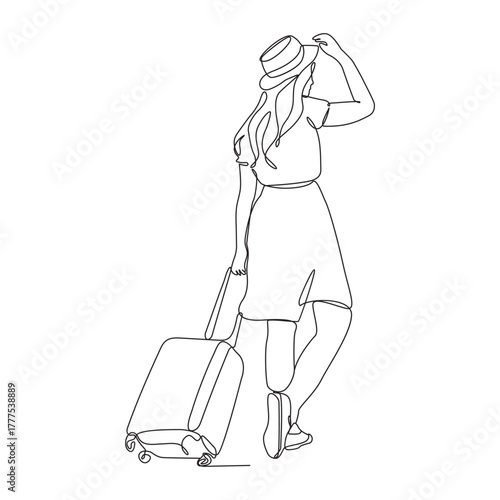 Continuous line drawing of traveler woman with luggage single line art.