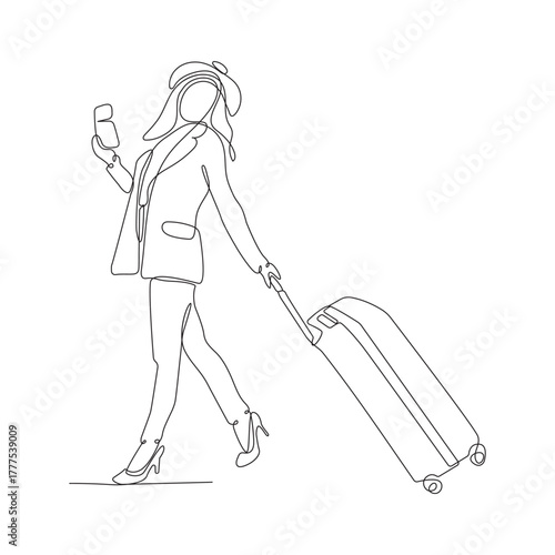 Continuous line drawing of traveler woman with luggage single line art.