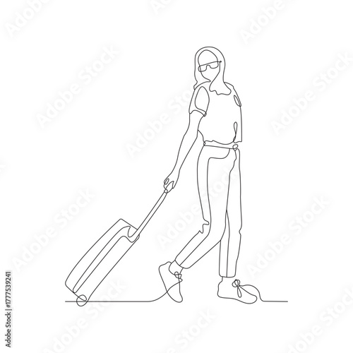 Continuous line drawing of traveler woman with luggage single line art.