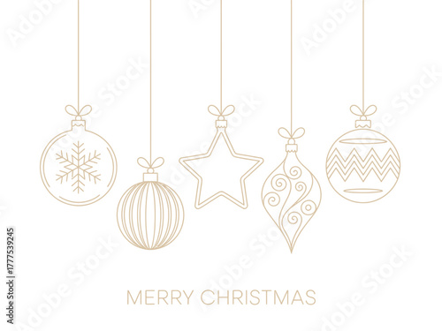 Five golden Christmas ornaments hang from strings against a white background.