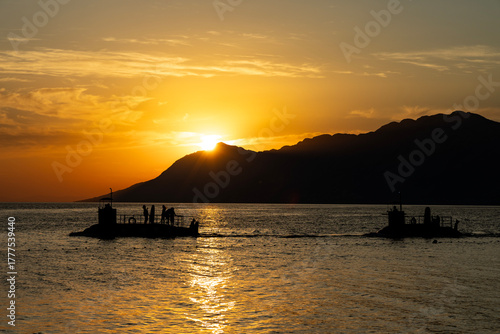 Fototapeta Naklejka Na Ścianę i Meble -  Tourist submarine at sunset in the Adriatic Sea. Croatia