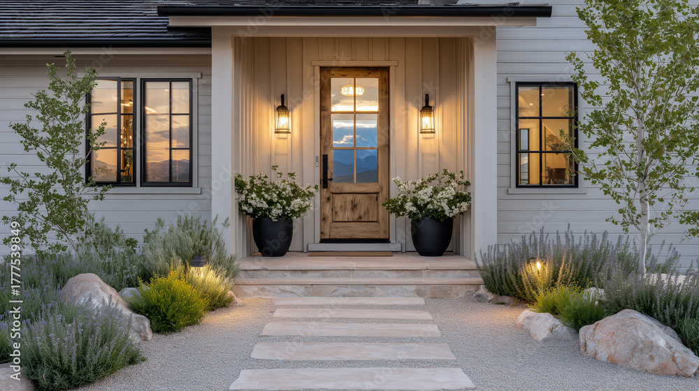 Obraz premium Graceful modern farmhouse entry with soft gray horizontal siding, reclaimed wood door, black steel sconces, and a glowing pendant light that highlights the doorwayâs natural textur