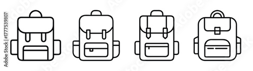 Backpack outline vector illustration set, school bag, travel backpack, rucksack, knapsack, baggage icon