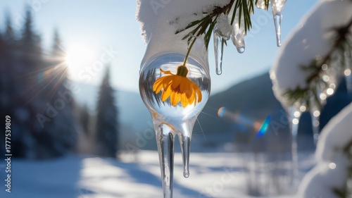 Clear winter day and bright orange flower inside the icicle. Sun glare on ice crystals. Russian winter. Frozen rain

