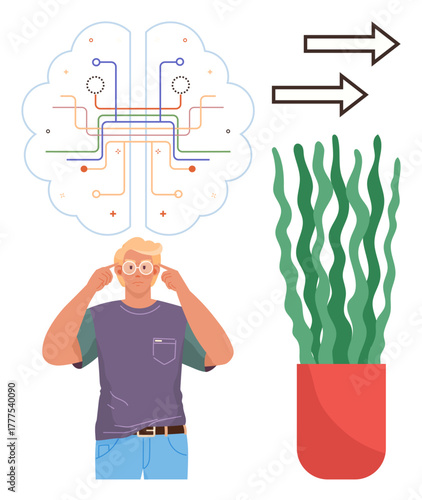 Man adjusting glasses under a neural circuit concept, directional arrows, and potted plant. Ideal for innovation, brainstorming, decision-making, growth, productivity, creativity simple flat