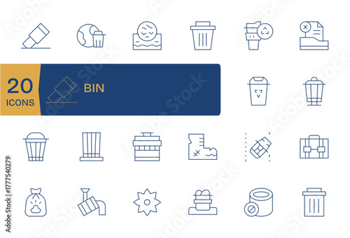 Bin Design Vector Icons featuring 20 Grid Fitted Thin Line Style