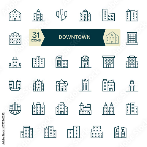 35 Regular Line Pixel Optimized Vectors for Downtown Theme