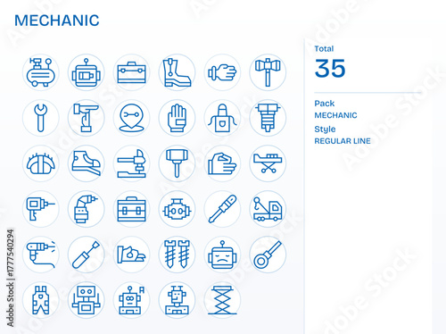 Mechanic Digital Vector Pack containing 35 Detail Enhanced Regular Line 128x128 Icons