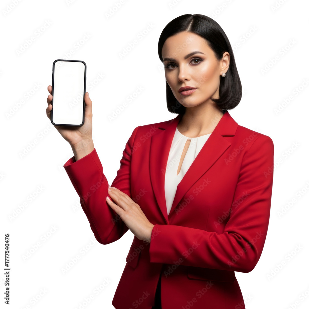 Naklejka premium Professional Woman Presenting Blank Smartphone Screen in Red Blazer