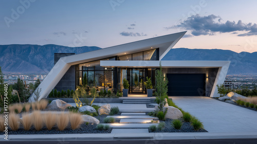 Wallpaper Mural Bright daytime view of a minimalist white modern home with dynamic angular roof, dark contrasting garage door, sleek glass front entrance, and low dry grass landscaping along the d Torontodigital.ca