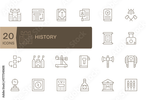 20 Thin Line Detail Enhanced Vector Icons tailored for History High Resolution interface