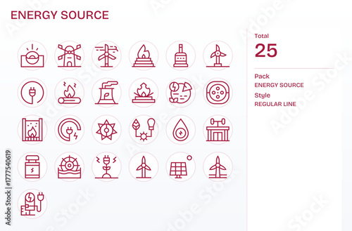 25 Regular Line Pixel Optimized Vector Icons for Energy Source Graphics