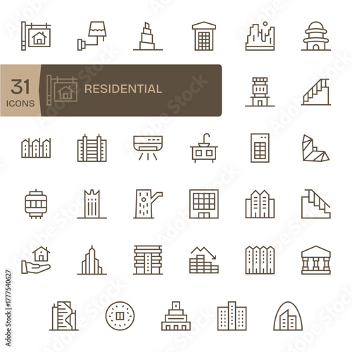 35 Pixel Optimized Regular Line Vector Icons designed for Residential Interface