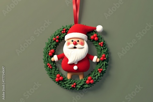 simple Festive christmas ornament with santa claus and holly wreath creating a joyous seasonal decoration suspended with a simple red loop
