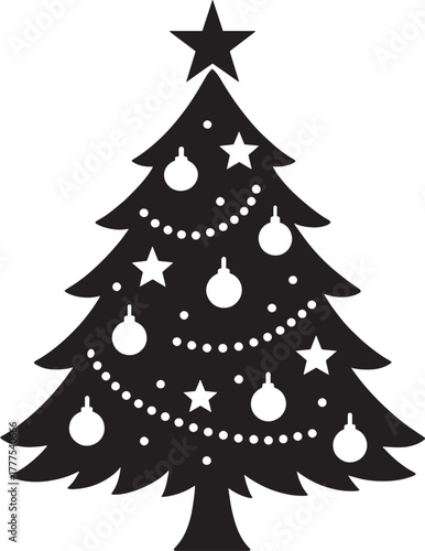 Decorated Christmas Tree Silhouette with Star and Ornaments – Elegant Holiday Vector Design, Festive Black Artwork