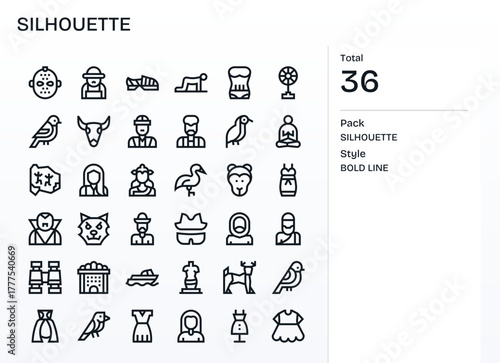 Silhouette Vector Icon Library with 36 Bold Line 256x256 Editable Designs