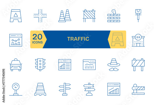 Traffic Essential Vector Set including 24 Grid Fitted Thin Line 256x256 Icons