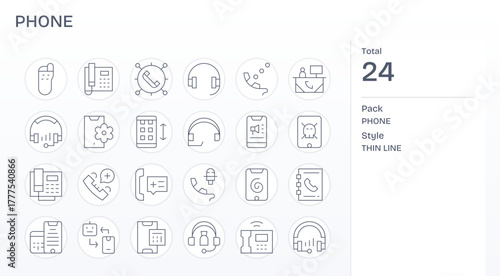 Phone Visual Pack containing 24 Thin Line PIXEL Perfect Vector Icons