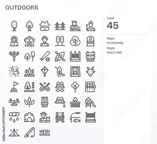 Outdoors Vector Icon Set with 45 Bold Line 64x64 Pixel Aligned Graphics
