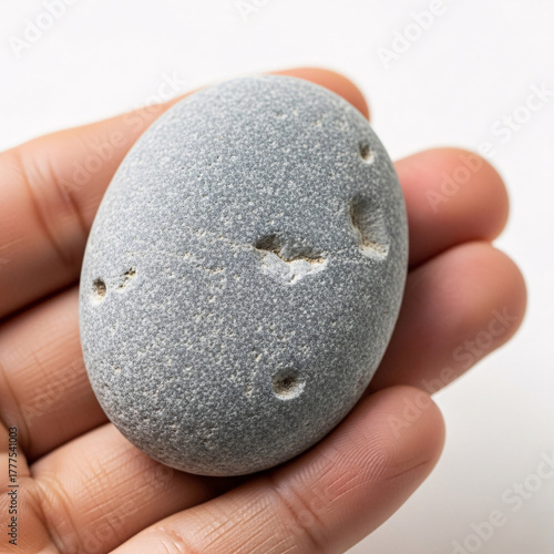 Hand Holding Smooth Gray Beach Stone Pebble