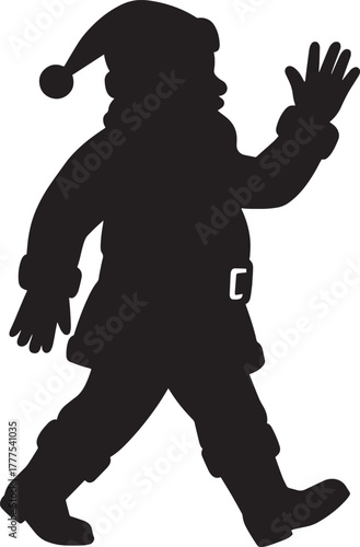 Santa Claus Waving Hand While Walking Silhouette – Classic Christmas Character Vector Design, Festive Holiday Illustration in Solid Black