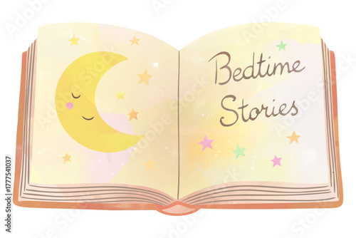 Watercolor open night storybook with fairy tales. Cute nursery illustration