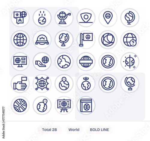 28 Bold Line Vector Icons for World in crisp 128x128 Editable resolution