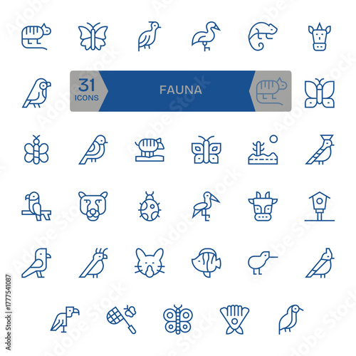 Fauna 64x64 Vector Icon Pack with 35 Regular Line PIXEL Perfect Elements