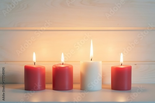 simple Four lit advent candles. Burning candles for the fourth advent. Simple christmas decoration with four candles in front of a light wooden plank wall