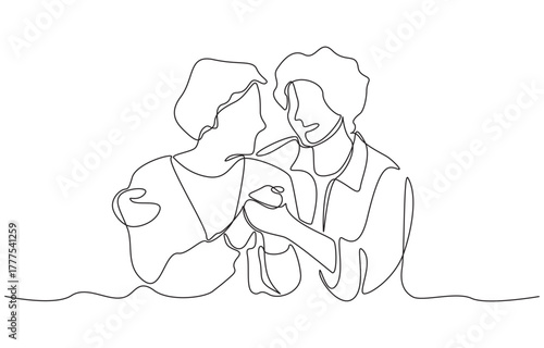 Continuous one line drawing of two elderly ladies sharing warm moment, symbolizing friendship, empathy, and emotional connection, single line art.