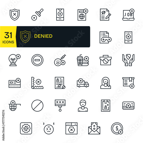 Denied Retina Ready Vector Icon Pack with 35 Regular Line Grid Fitted Elements