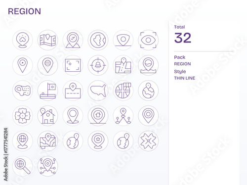 32 High Resolution Vector Icons for Region with Editable Thin Line clarity