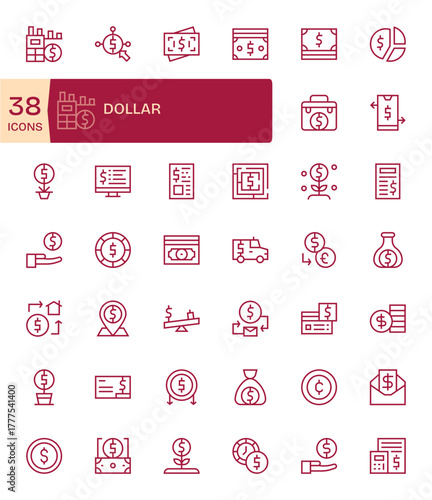 42 128x128 Grid Fitted Vector Icons for Dollar in Regular Line Theme