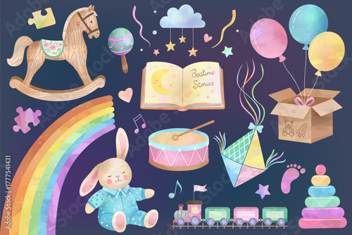 Watercolor baby toys set. Cute nursery illustration on dark background. Hand drawn bunny, rainbow, book, balloons.