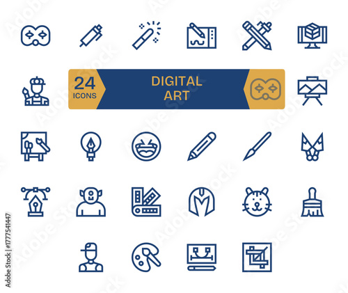 Digital Art Grid Fitted Vector Set with 24 Retina Ready Bold Line Icons