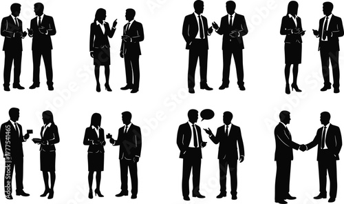 Business people icon set, black silhouette style, professional communication symbols, office interaction graphics, corporate teamwork illustration, formal attire vector design
